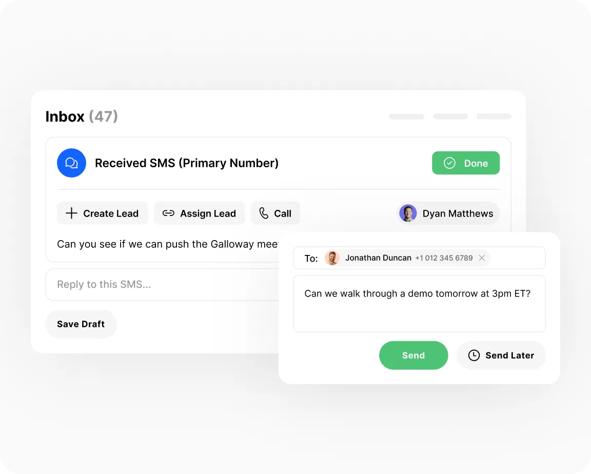 CRM SMS inbox showing a received message and a reply box to send or schedule a follow-up message.