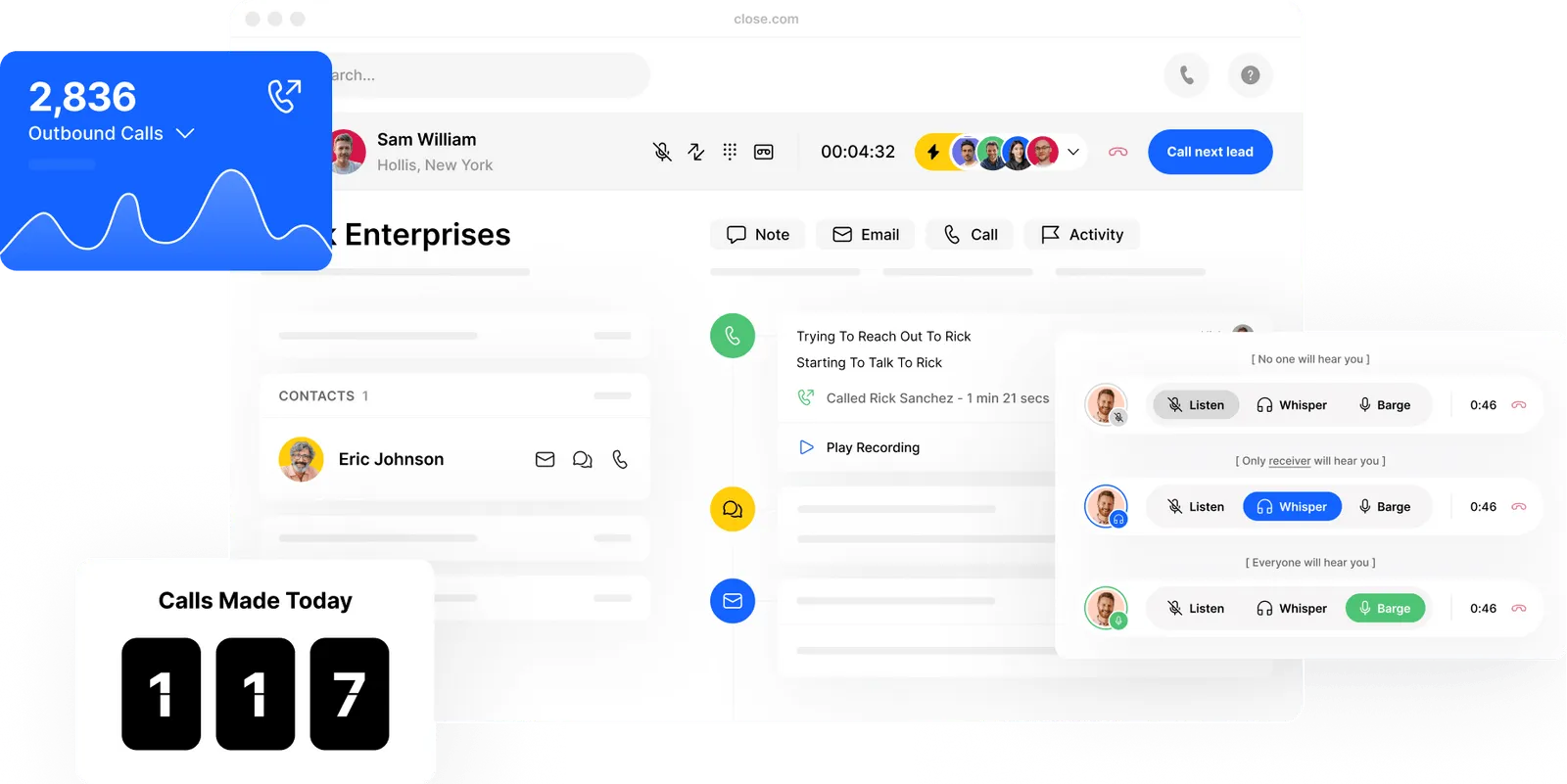 CRM interface showing outbound calls stats, contact Eric Johnson, call controls, and call coaching options.