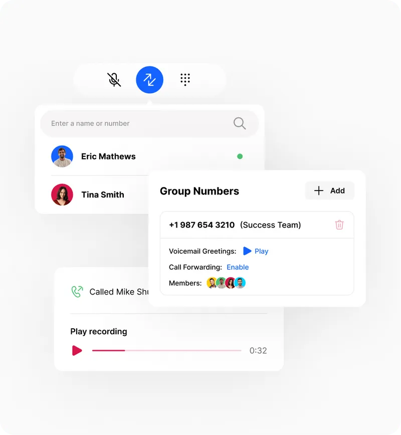 User interface showing contacts, group number details, voicemail playback, and call forwarding options.