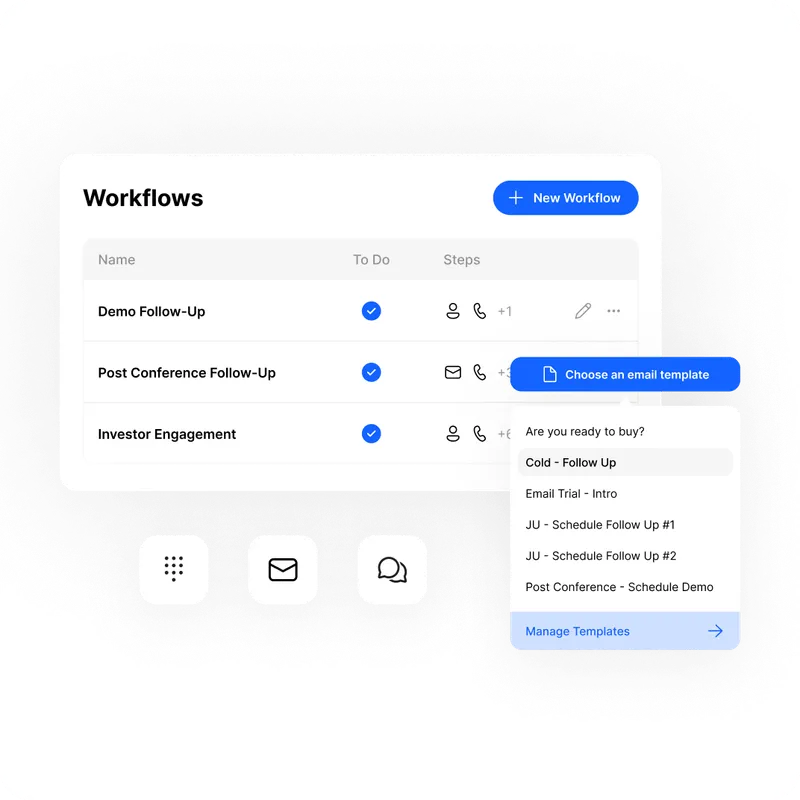 CRM workflows list with tasks like Demo Follow-Up and Post Conference Follow-Up with email template options.