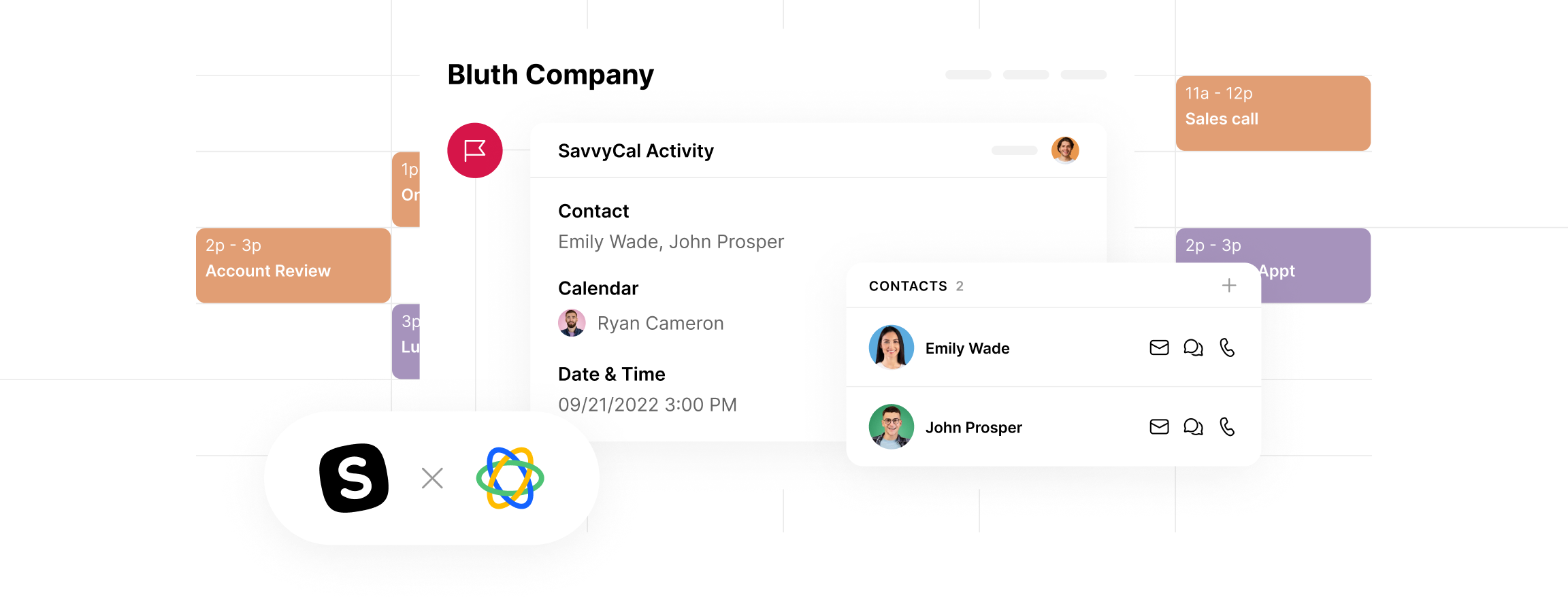 CRM interface showing SavvyCal activity for Bluth Company with contacts, calendar, and scheduled events.