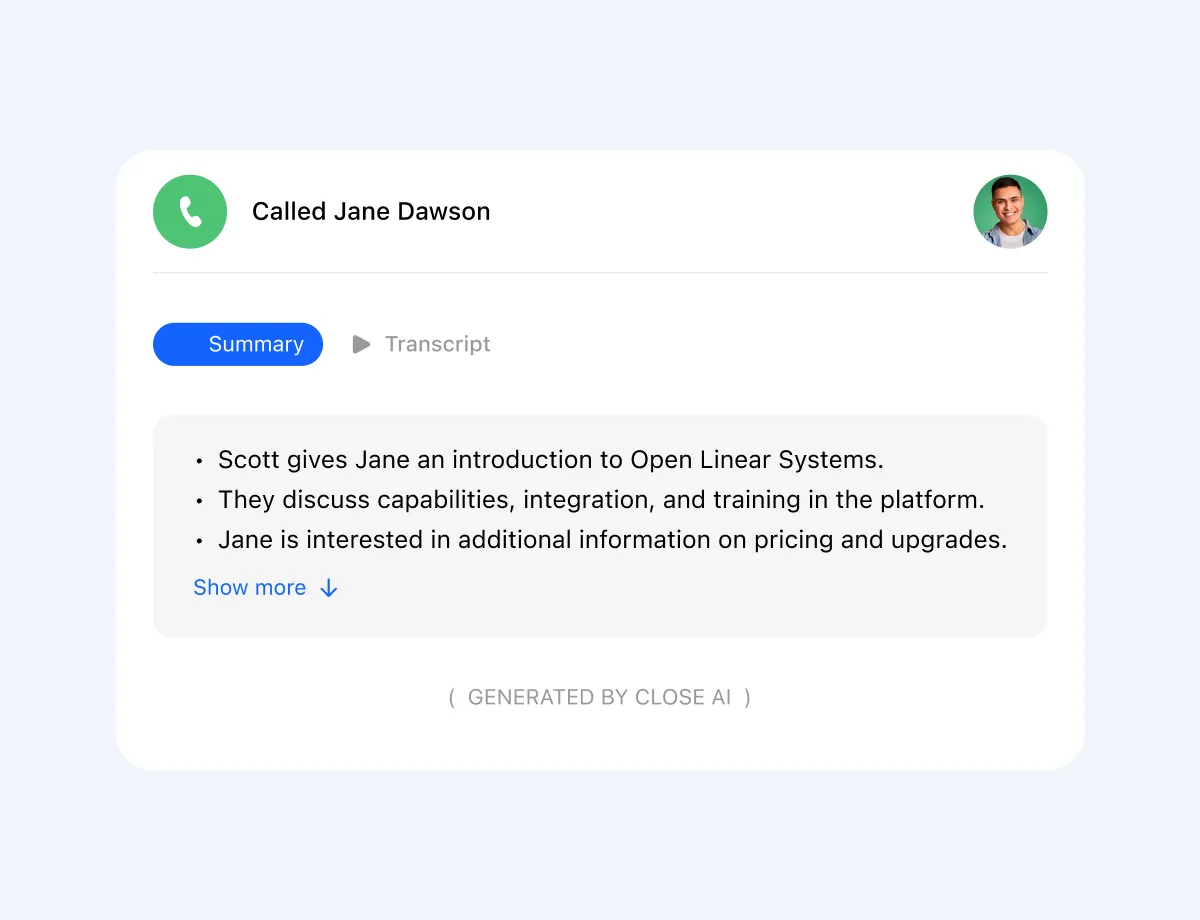 CRM call summary showing Scott introduced Open Linear Systems, discussed features, training, and pricing with Jane Dawson.