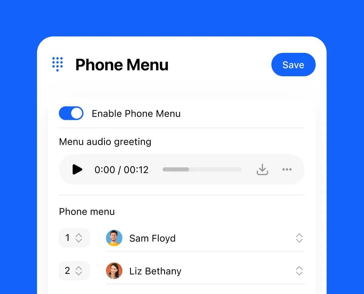 Phone Menu interface with enable toggle, audio greeting playback, and contact list including Sam Floyd and Liz Bethany.