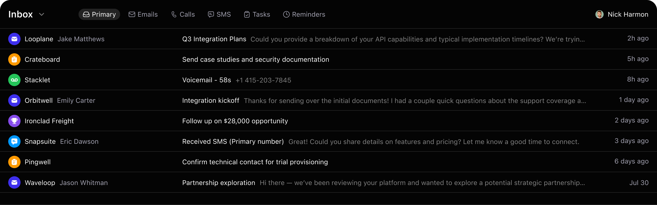 Dark mode inbox showing emails, calls, SMS, tasks, and reminders for user Nick Harmon.