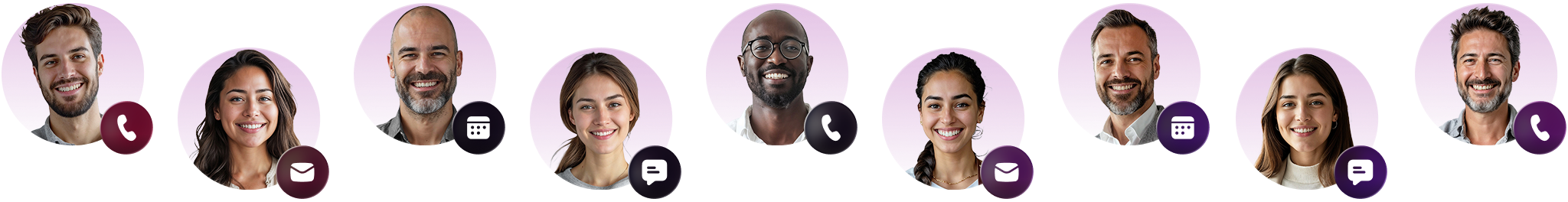 Smiling diverse team members on purple circles with call, email, chat, and calendar icons.