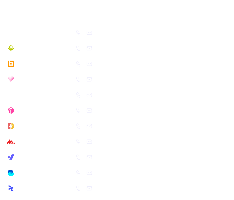 Row of various colorful icons on left; each icon paired with phone and email icons on right.