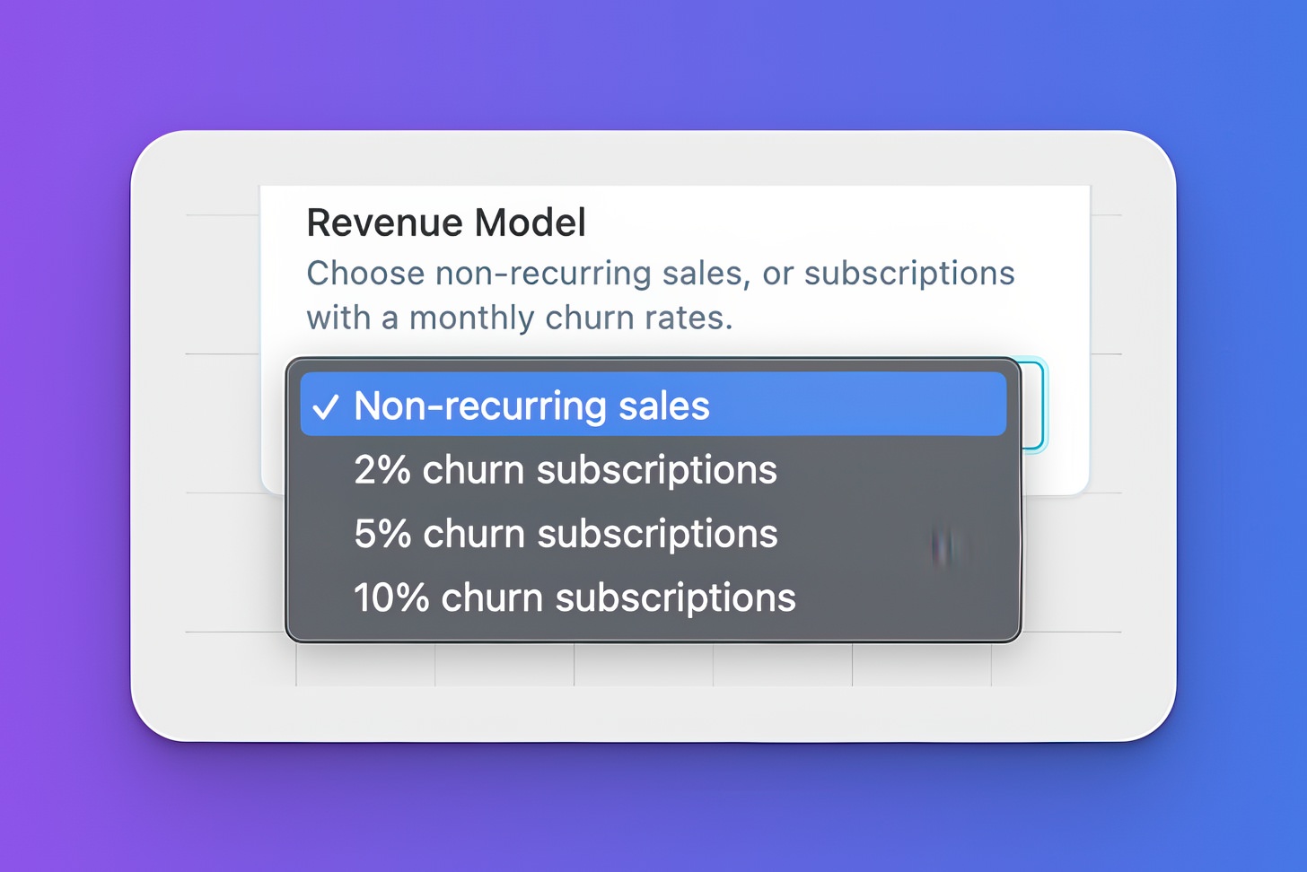 Dropdown menu showing revenue model options: non-recurring sales or subscriptions with 2%, 5%, or 10% churn rates.