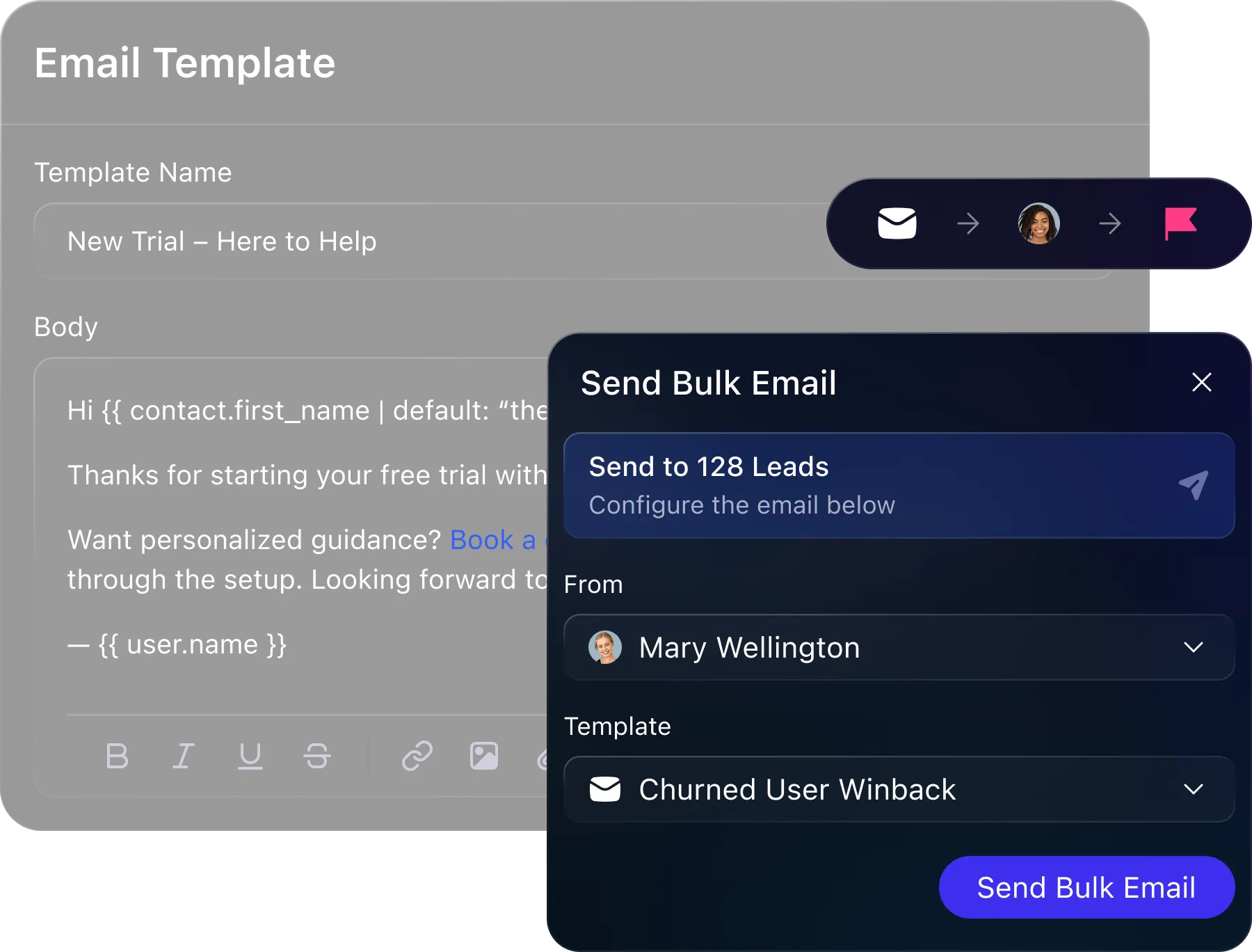 Email template interface showing new trial message and send bulk email panel