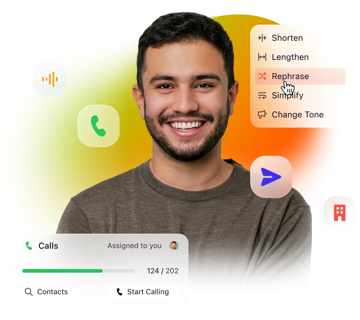 Smiling sales rep with calling app interface visible