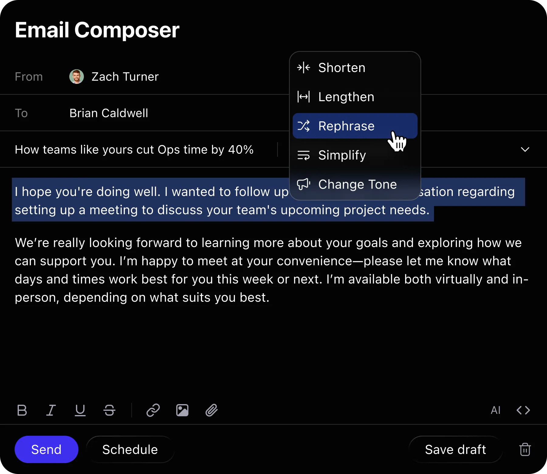 Close email composer with AI rewrite options