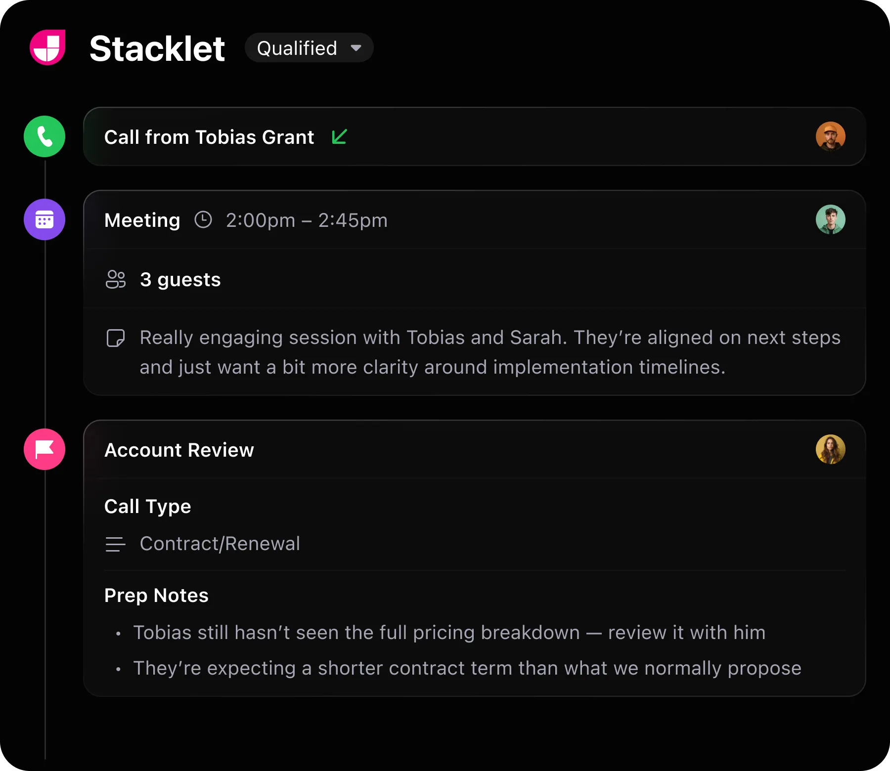 Lead activity feed with calls, emails, and notes