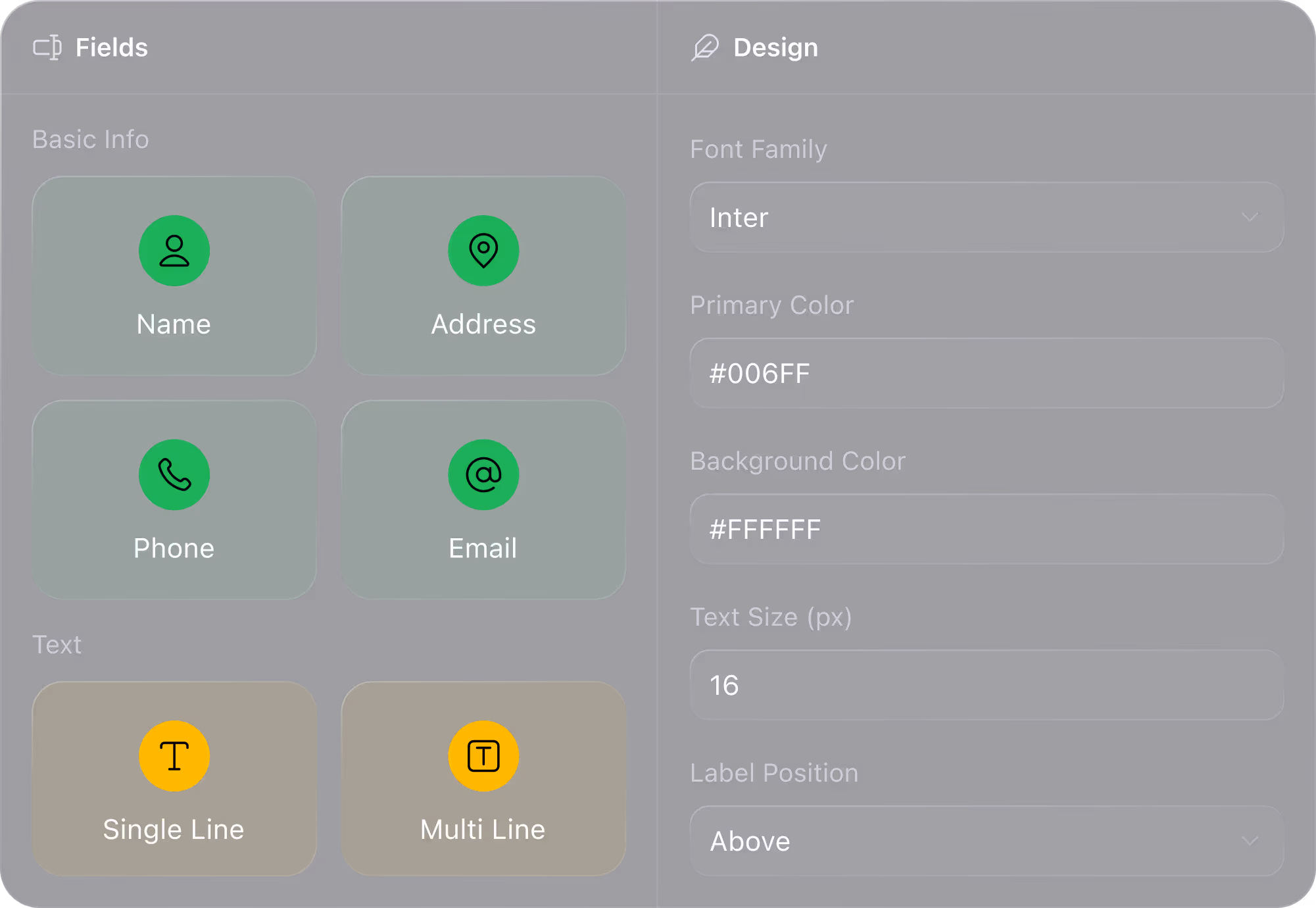 Form customization interface with fields for name, address, phone, email, and design settings.