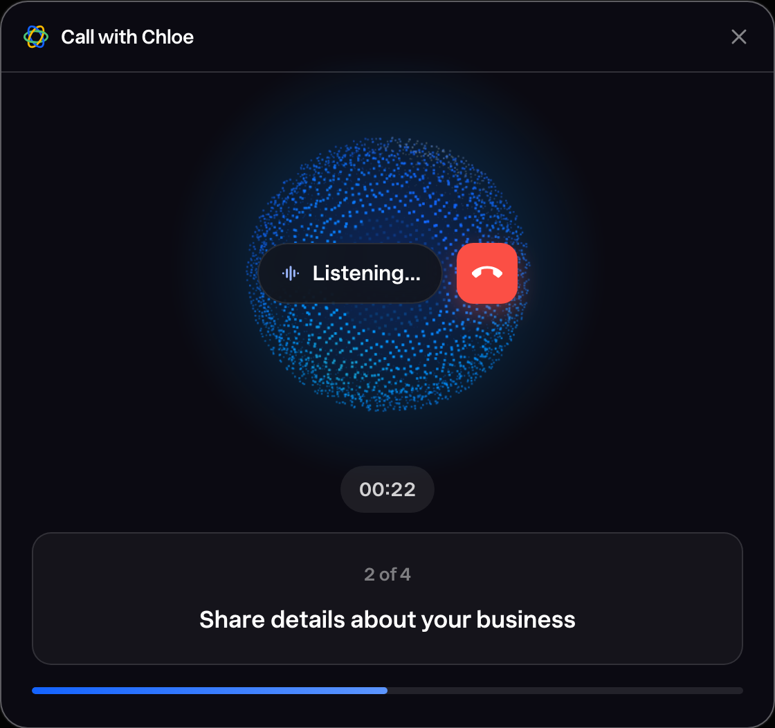 Call with Chloe onboarding window: a glowing particle orb listening, step 2 of 4 — share details about your business.